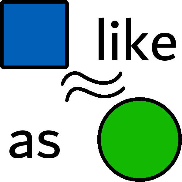 A blue square and a green circle with a wavy equals sign between them, and the words Like and As around it.